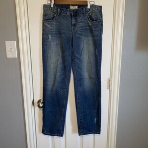 Free People Denim Jeans Women's 28 Distressed Fray Raw Hem Straight Dark Wash